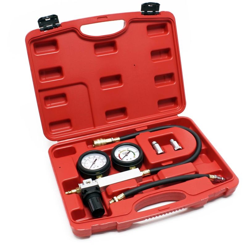 Kompressiomittari bensiinimoottoreille, M14 ja M18 adapterit, 10, 12 ja 14 mm, kantolaukku