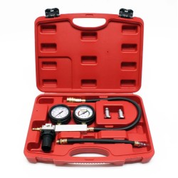 Kompressiomittari bensiinimoottoreille, M14 ja M18 adapterit, 10, 12 ja 14 mm, kantolaukku