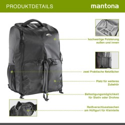 Mantona drooni- ja kamerareppu, musta, säädettävä sisätila ja sadesuoja