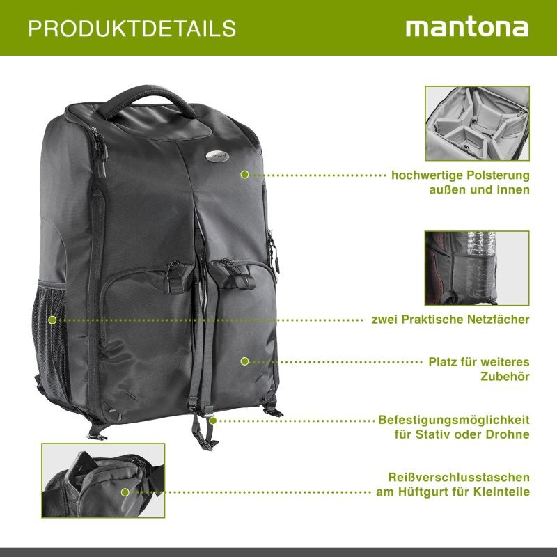 Mantona drooni- ja kamerareppu, musta, säädettävä sisätila ja sadesuoja