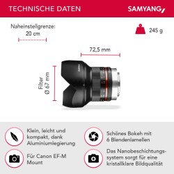 Samyang 12mm F2.0 Laajakulmaobjektiivi Canon EF-M APS-C, manuaalinen tarkennus, musta