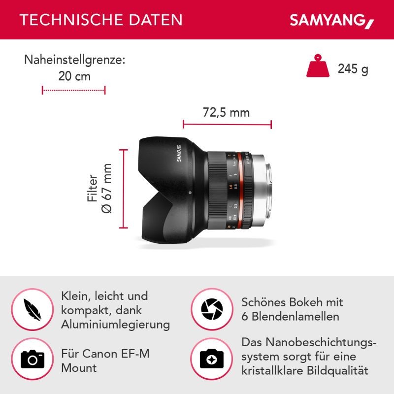 Samyang 12mm F2.0 Laajakulmaobjektiivi Canon EF-M APS-C, manuaalinen tarkennus, musta