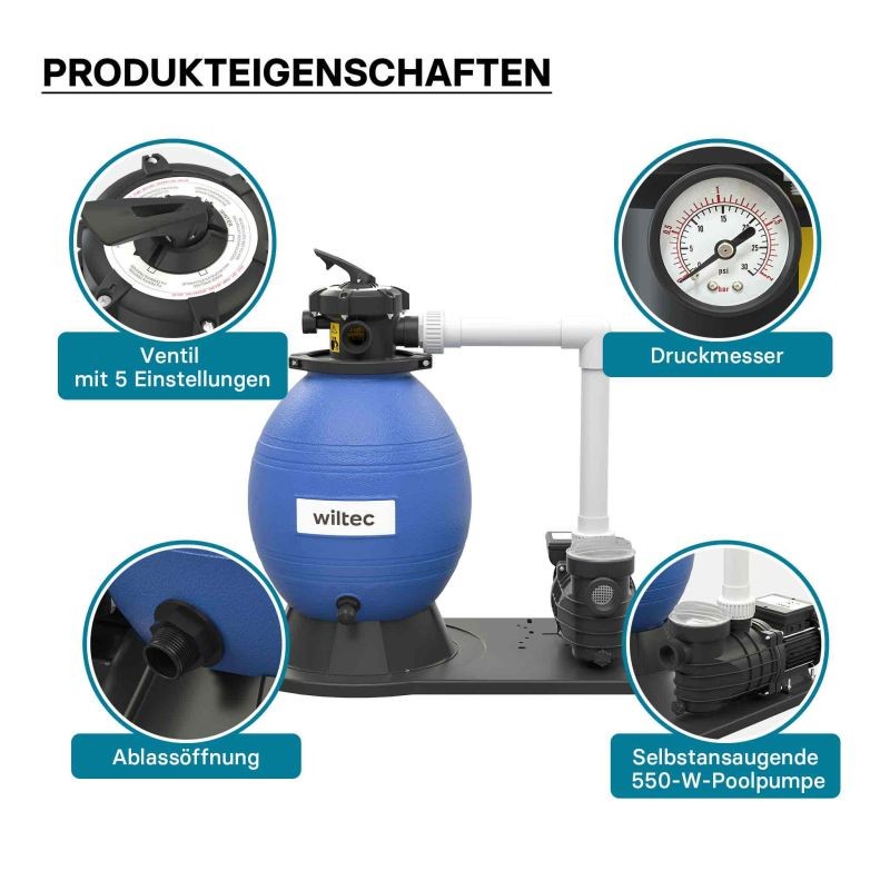 Hiekkasuodatinjärjestelmä uima-altaalle 550 W, 38 l suodatinsäiliö ja itseimevä pumppu 18 000 l/h
