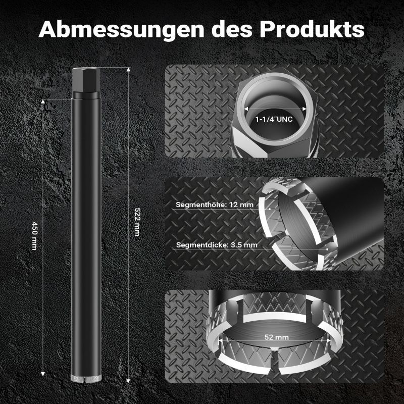 Timanttikruunapora Typ 2 (Mesh) 52 mm, 450 mm, 1¼ UNC, märkäporaus, betoni, graniitti, kivi