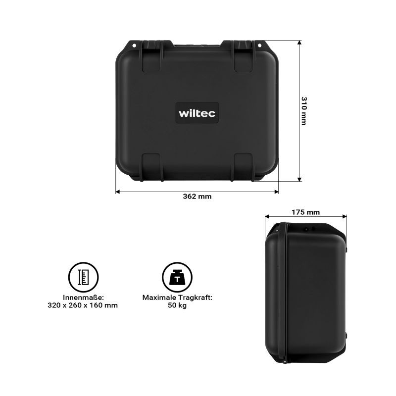 Vedenpitävä IP67 kuljetuslaatikko 362 x 310 x 175 mm, PP, muokattava kuutiomuovivaahto, musta