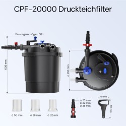 SunSun lampisetti: CPF-20000 painesuodatin 36W UV-C, NEO-6000 pumppu 6000 l/h 40W, 5m letku 38mm, kiristimet