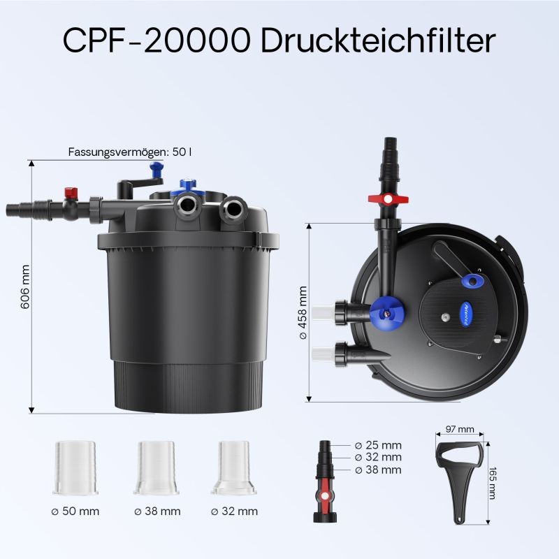 SunSun lampisetti: CPF-20000 painesuodatin 36W UV-C, NEO-6000 pumppu 6000 l/h 40W, 5m letku 38mm, kiristimet