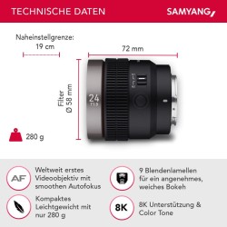 Samyang V-AF 24 mm T1,9 FE videobjektiivi Sony E, autofokus, 8K, Tally-valo, täyskenno ja APS-C
