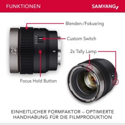 Samyang V-AF 24 mm T1,9 FE videobjektiivi Sony E, autofokus, 8K, Tally-valo, täyskenno ja APS-C