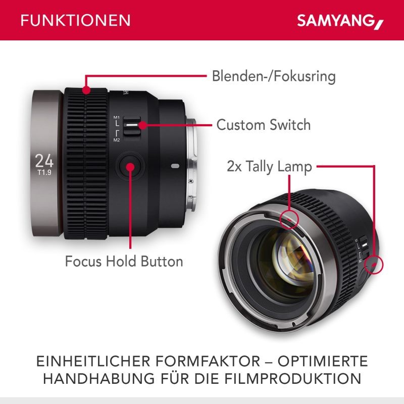 Samyang V-AF 24 mm T1,9 FE videobjektiivi Sony E, autofokus, 8K, Tally-valo, täyskenno ja APS-C