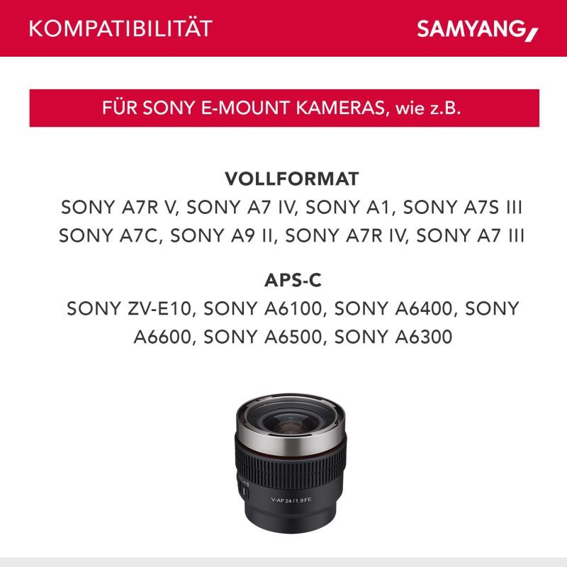 Samyang V-AF 24 mm T1,9 FE videobjektiivi Sony E, autofokus, 8K, Tally-valo, täyskenno ja APS-C