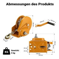 Manuaalinen vaijerivinssi 540 kg, 10 m vaijeri 4 mm, välityssuhde 4,2:1, keltainen