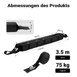 Pehmeä kattoteline 113 x 10 x 8 cm, musta, 75 kg, 2 x 3,5 m hihnaa, kajakille, SUP-laudalle ja hiihdoille
