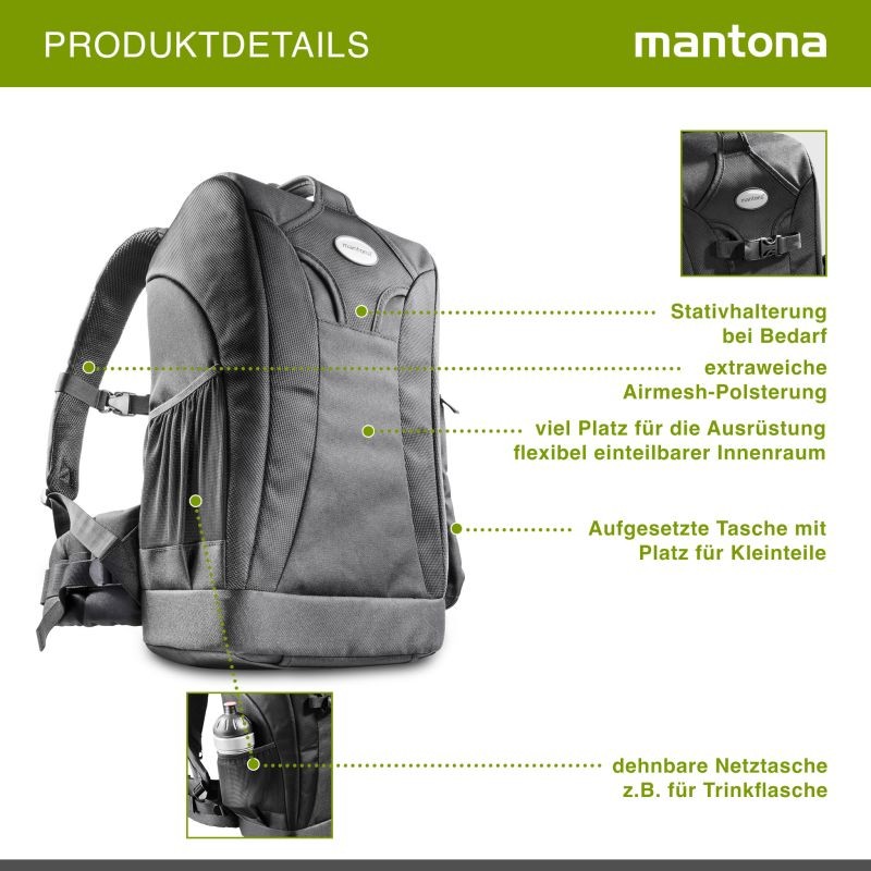 Mantona Trekking kamerareppu DSLR-kameroille, musta, sadesuoja ja kolmijalateline