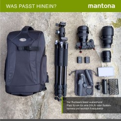 Mantona Trekking kamerareppu DSLR-kameroille, musta, sadesuoja ja kolmijalateline