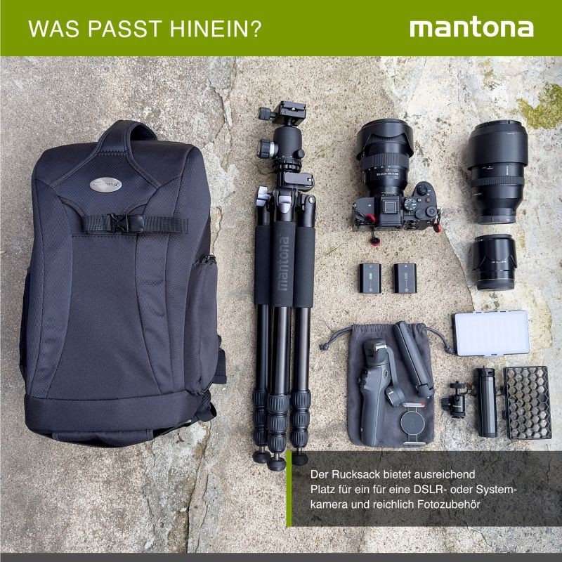 Mantona Trekking kamerareppu DSLR-kameroille, musta, sadesuoja ja kolmijalateline