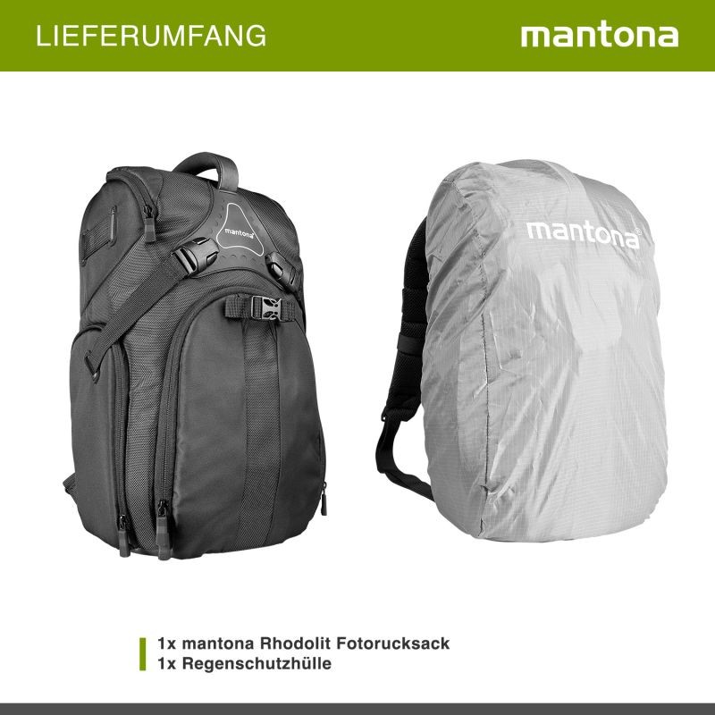 Mantona Rhodolit SLR-kamerareppu, musta, sadesuojalla
