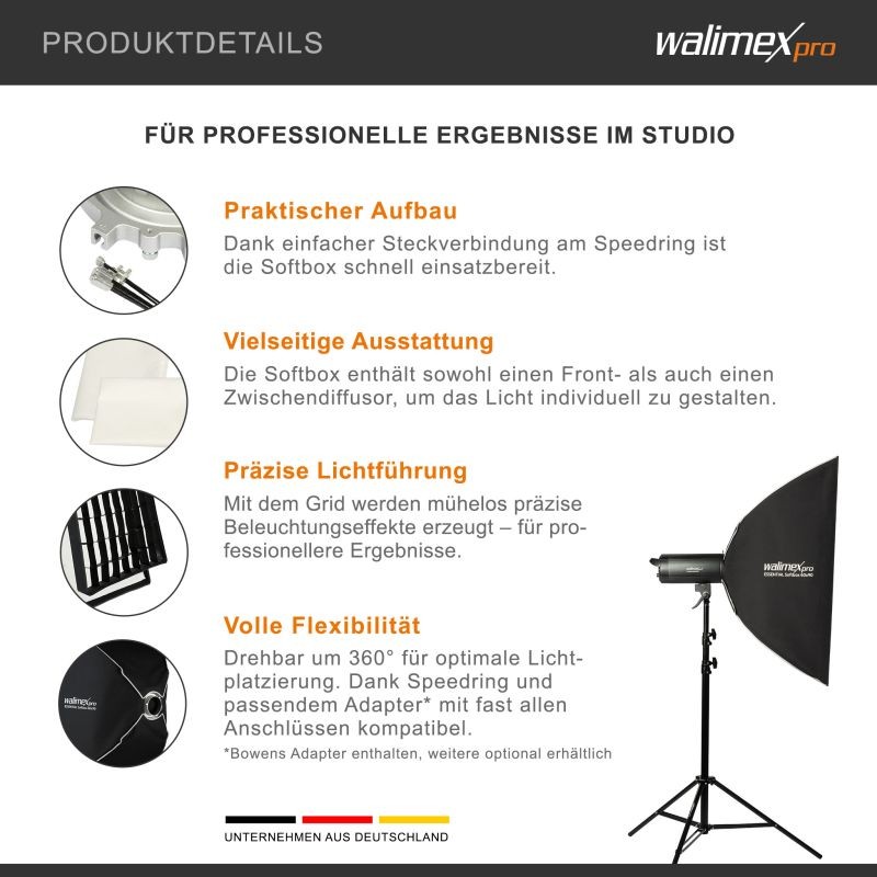 Walimex pro Essential Striplight-softbox 60 x 90 cm, kenno, Bowens-adapteri ja kuljetuslaukku