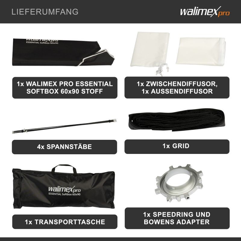 Walimex pro Essential Striplight-softbox 60 x 90 cm, kenno, Bowens-adapteri ja kuljetuslaukku