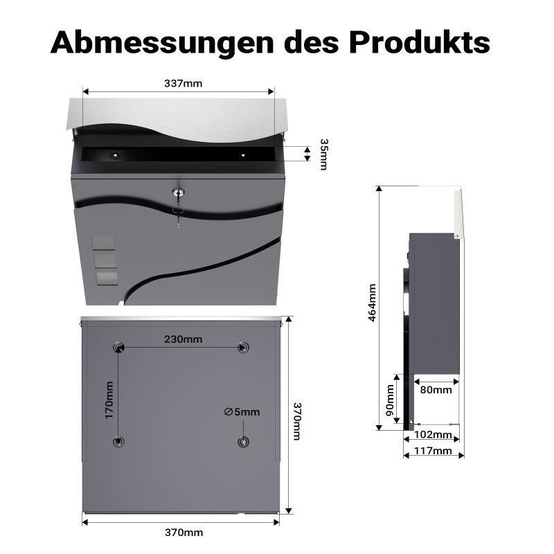 Postilaatikko V28 Antrasiitti ja ruostumaton teräs 370 x 102 x 370 mm, lukolla ja sanomalehtitilalla