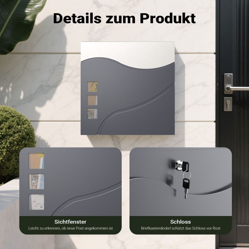 Postilaatikko V28 Antrasiitti ja ruostumaton teräs 370 x 102 x 370 mm, lukolla ja sanomalehtitilalla