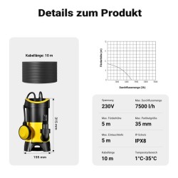 Likaveden uppopumppu 7500 l/h, 400 W, nostokorkeus 5 m, hiukkaskoko 35 mm