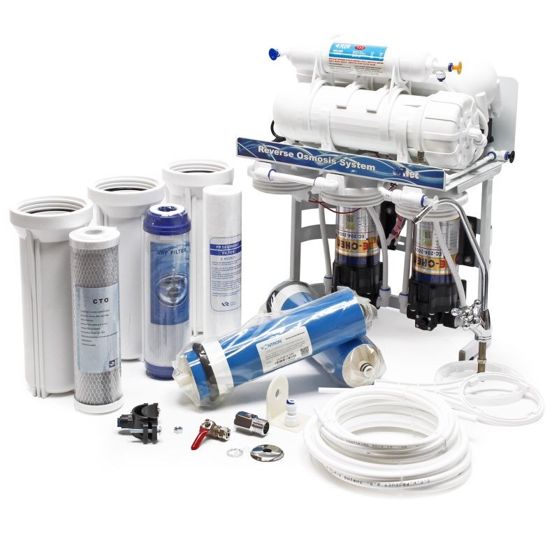 Naturewater NW-RO400-E2 käänteisosmoosijärjestelmä 1500 l/vrk, 5-vaiheinen juomaveden suodatin, booster-pumppu