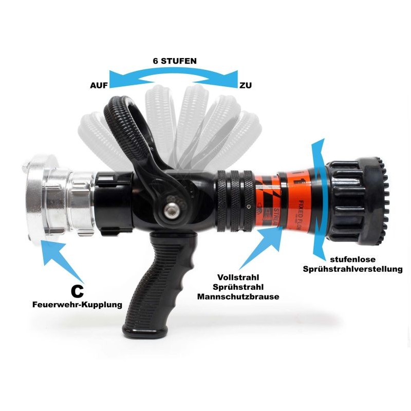 Suihkusuutin 150–660 l/min, C-Storz-liitin 52 mm, portaaton säädin, alumiini