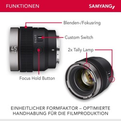 Samyang V-AF 45 mm T1,9 FE videobjektiivi Sony E, autofokus, 8K, Tally-merkkivalo