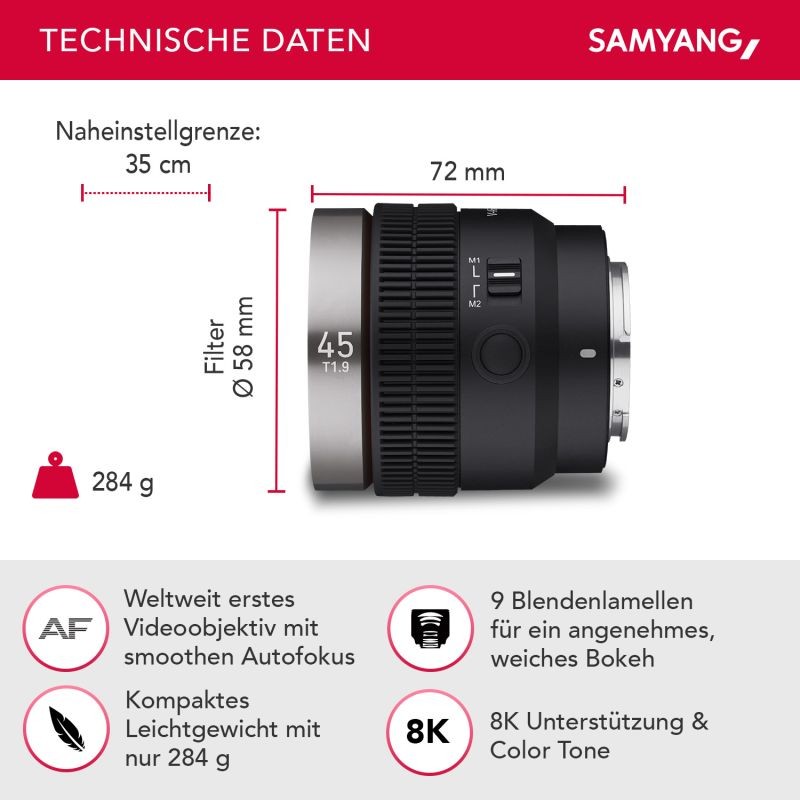 Samyang V-AF 45 mm T1,9 FE videobjektiivi Sony E, autofokus, 8K, Tally-merkkivalo