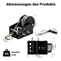 Manuaalinen vinssi 1500 kg, teräsvaijeri 10 m x 6 mm, vaihteistovälitys 4,1:1 / 9,8:1, musta