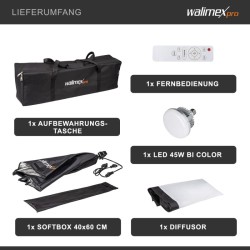 Walimex pro LED valaistussetti 45 W Bi Color softbox 40 x 60 cm kaukosäädin
