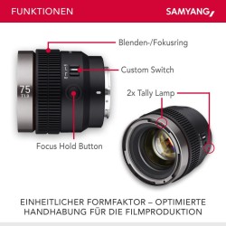 Samyang V-AF 75 mm T1,9 FE video-objektiivi Sony E, autofokus, 8K, Tally-merkkivalo, täyskenno ja APS-C