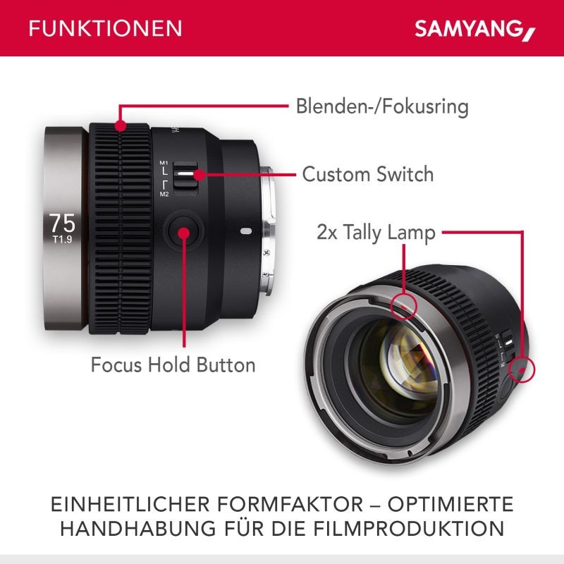 Samyang V-AF 75 mm T1,9 FE video-objektiivi Sony E, autofokus, 8K, Tally-merkkivalo, täyskenno ja APS-C