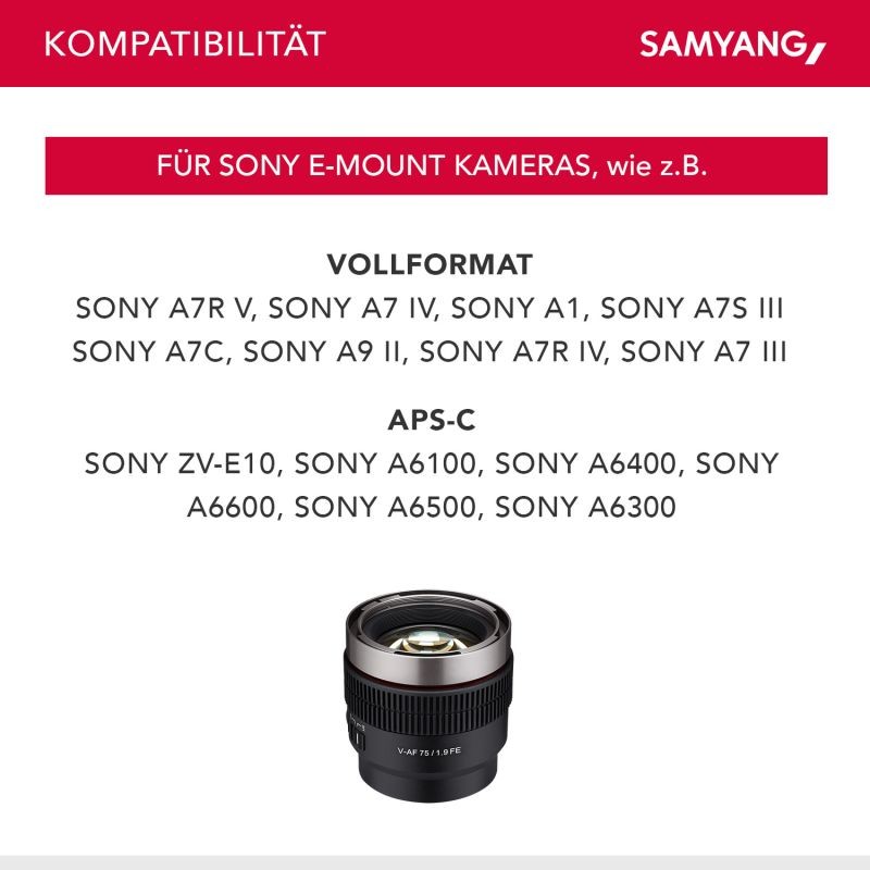 Samyang V-AF 75 mm T1,9 FE video-objektiivi Sony E, autofokus, 8K, Tally-merkkivalo, täyskenno ja APS-C