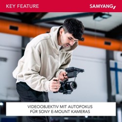 Samyang V-AF 75 mm T1,9 FE video-objektiivi Sony E, autofokus, 8K, Tally-merkkivalo, täyskenno ja APS-C