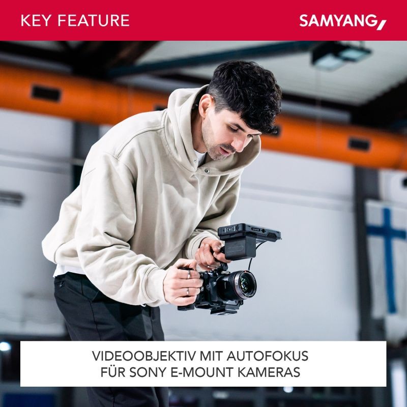 Samyang V-AF 75 mm T1,9 FE video-objektiivi Sony E, autofokus, 8K, Tally-merkkivalo, täyskenno ja APS-C