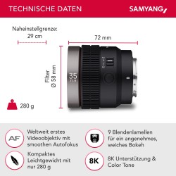 Samyang V-AF 35 mm T1,9 FE video-objektiivi Sony E, autofokus, 8K, Tally-valo