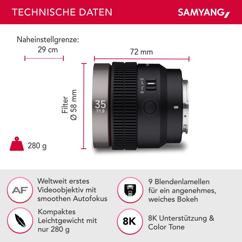 Samyang V-AF 35 mm T1,9 FE video-objektiivi Sony E, autofokus, 8K, Tally-valo