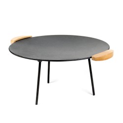 Valurautainen grillauslevy 44 cm pyöreä puukahvat 2 jalkasarjaa 20 cm ja 32 cm