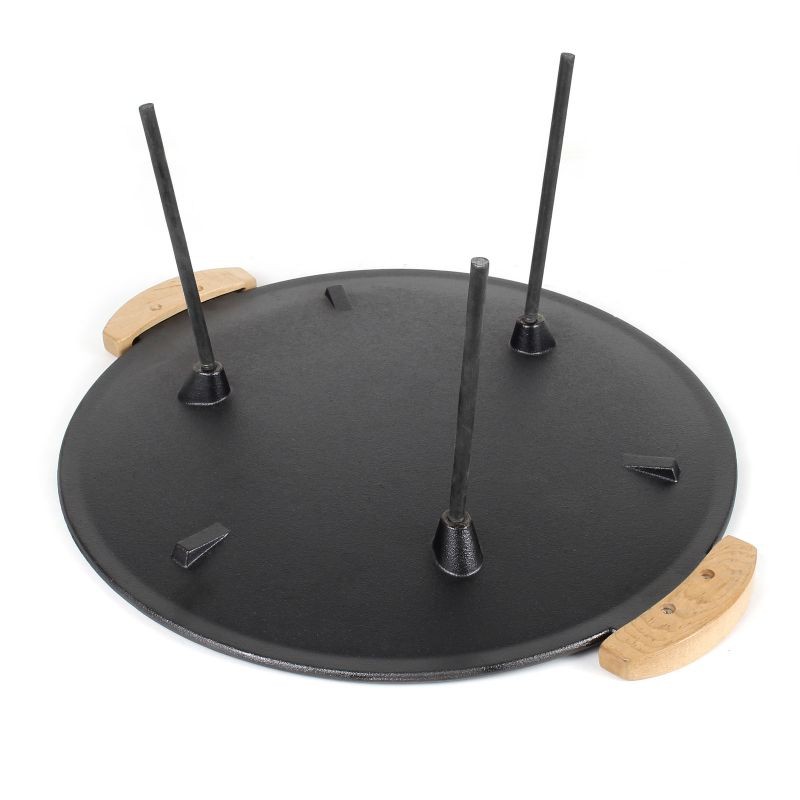 Valurautainen grillauslevy 44 cm, pyöreä, puukahvat, 2 jalkasarjaa 20 cm ja 32 cm