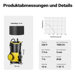 Likaveden uppopumppu 7000 l/h, 400 W, maks. nostokorkeus 7,5 m, hiukkaskoko 5 mm