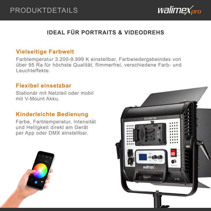 Walimex pro LED Rainbow 100 W RGBWW -paneelivalo ja WT-806-valojalusta