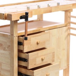 Puusepän työpöytä kumipuusta 126 x 50 x 84 cm ruskea vetolaatikot ja ruuvipaineet kantavuus 150 kg