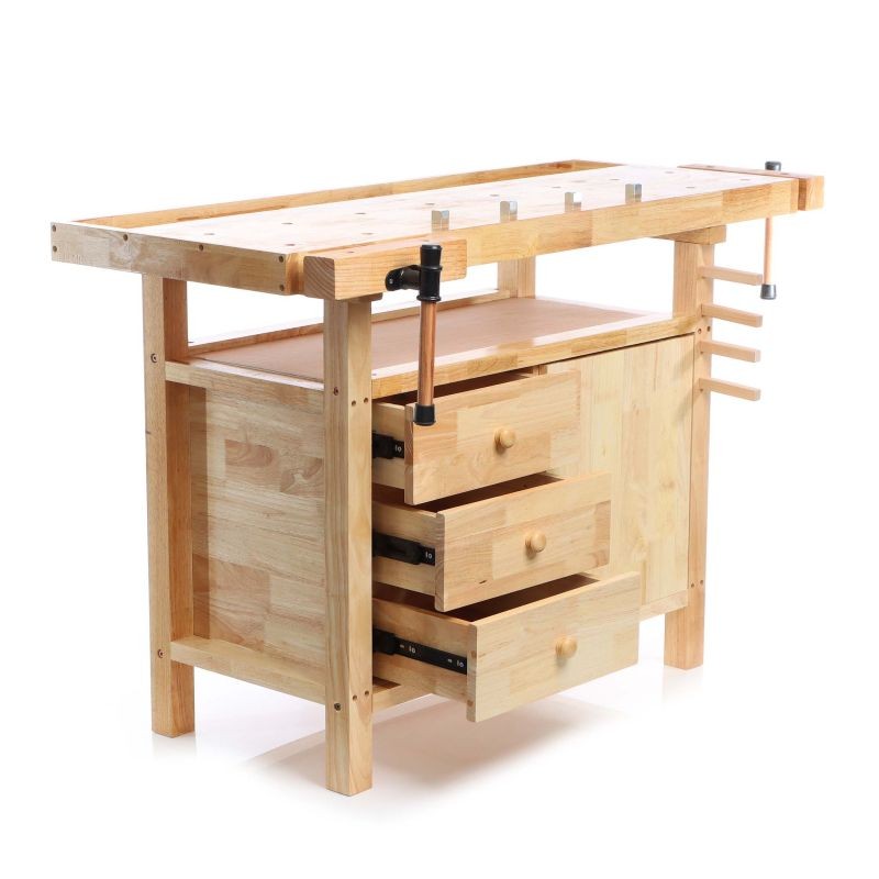 Puusepän työpöytä kumipuusta, 126 x 50 x 84 cm, ruskea, vetolaatikot ja ruuvipaineet, kantavuus 150 kg