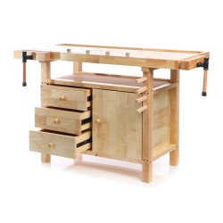Puusepän työpöytä kumipuusta, 126 x 50 x 84 cm, ruskea, vetolaatikot ja ruuvipaineet, kantavuus 150 kg