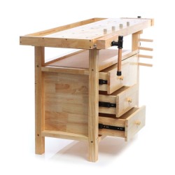 Puusepän työpöytä kumipuusta, 126 x 50 x 84 cm, ruskea, vetolaatikot ja ruuvipaineet, kantavuus 150 kg