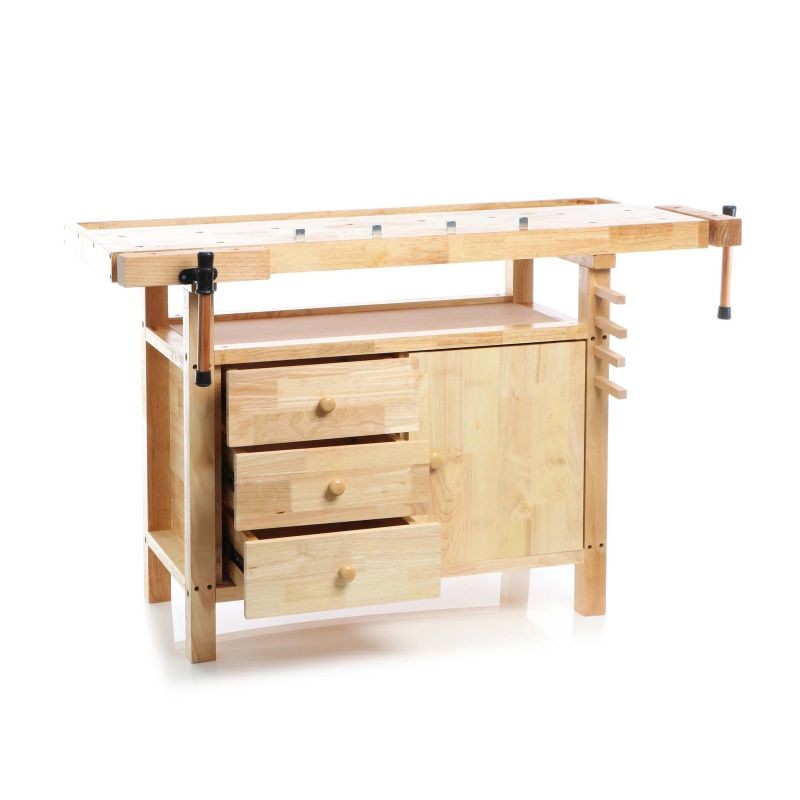 Puusepän työpöytä kumipuusta, 126 x 50 x 84 cm, ruskea, vetolaatikot ja ruuvipaineet, kantavuus 150 kg