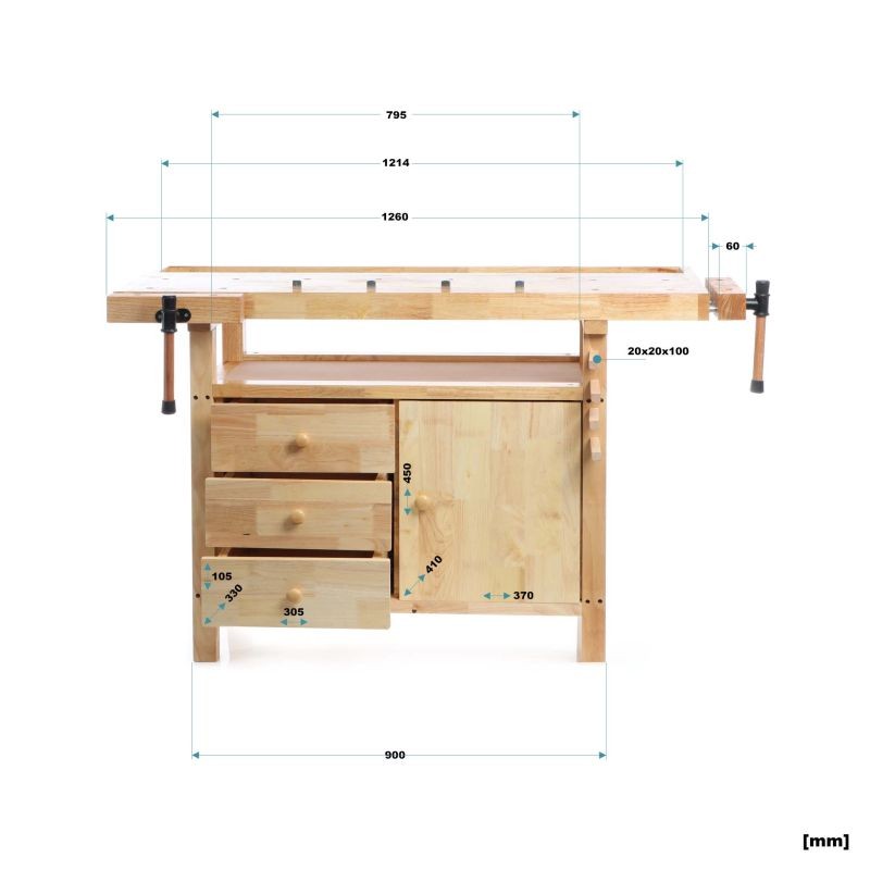 Puusepän työpöytä kumipuusta, 126 x 50 x 84 cm, ruskea, vetolaatikot ja ruuvipaineet, kantavuus 150 kg