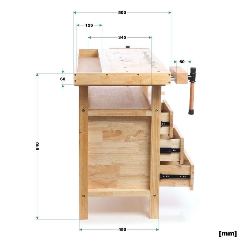 Puusepän työpöytä kumipuusta, 126 x 50 x 84 cm, ruskea, vetolaatikot ja ruuvipaineet, kantavuus 150 kg
